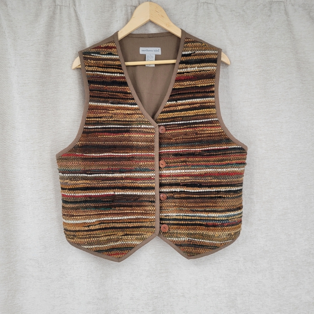 Northern Isle Vintage Rolled and Stitched Leather Vest Natural Earth Tones